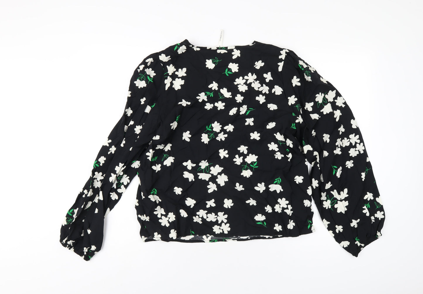 .Object Womens Black Floral Viscose Basic T-Shirt Size 12 V-Neck