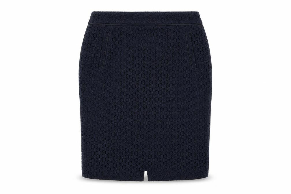 Front view of Autograph women’s blue floral cotton straight & pencil skirt, size UK 16, zip