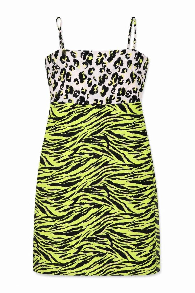Front view of Miss Selfridge women’s multicoloured animal print polyester a-line, size UK 14, square neck zip