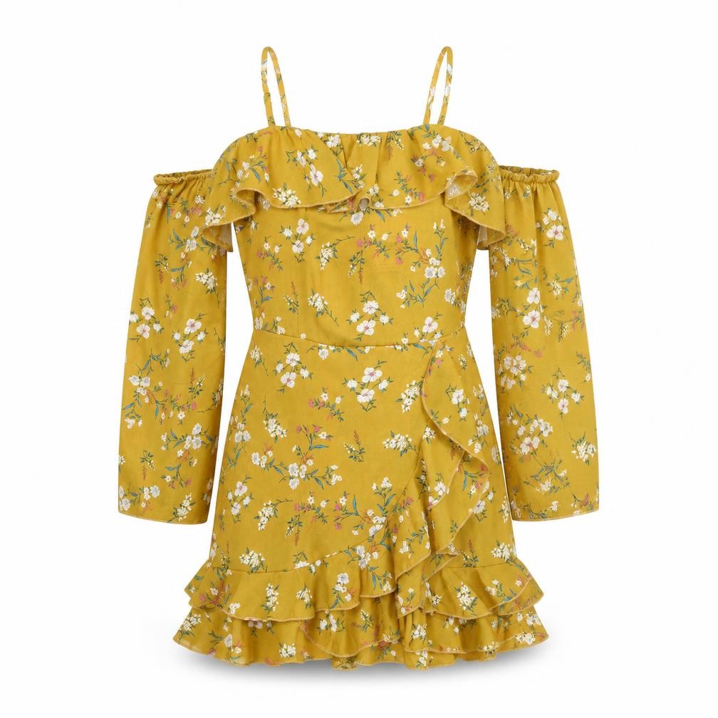 Front view of Missguided women’s yellow floral polyester mini, size UK 10, square neck zip