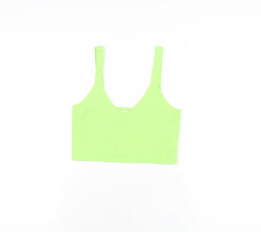 Pink Woman Womens Green Polyester Cropped T-Shirt Size XS V-Neck
