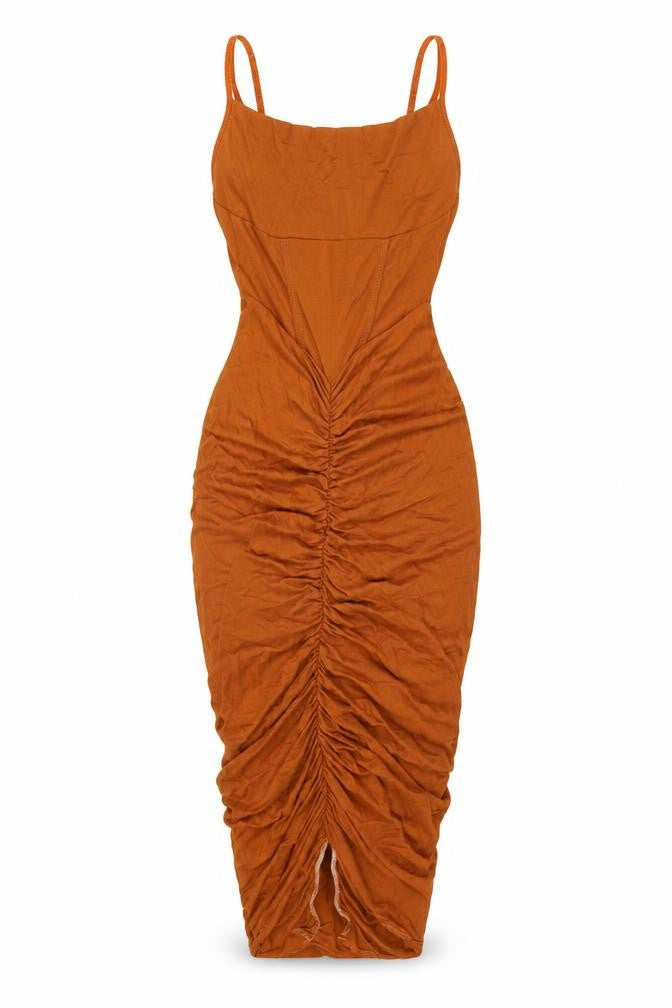 Front view of ASOS women’s orange viscose bodycon, size UK 6, square neck pullover