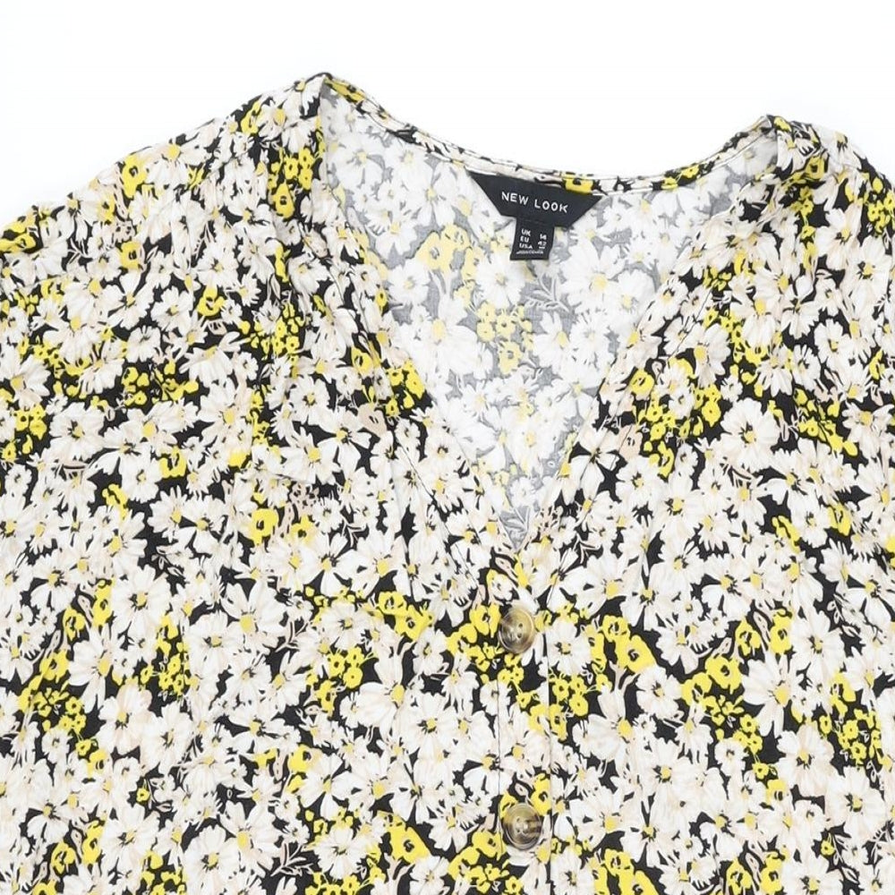 New Look Womens Black Floral Viscose Shift Size 14 V-Neck Button