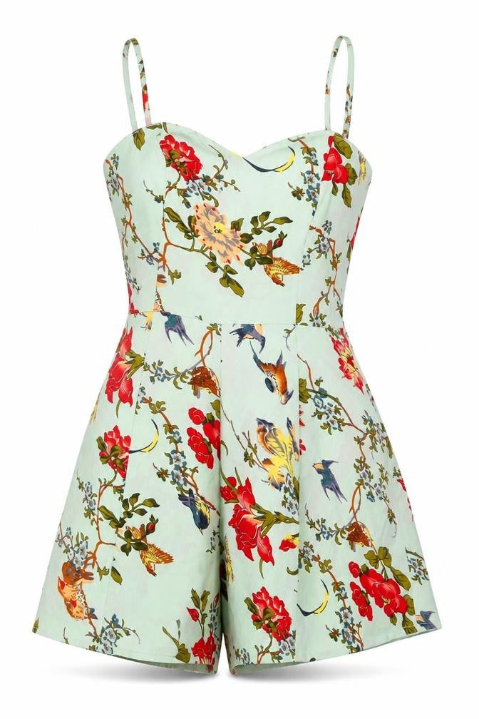 Front view of ASOS women’s green floral polyester playsuit one-piece, size UK 8, 3-inch leg zip