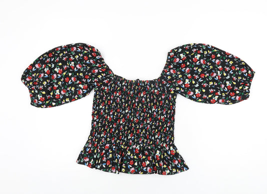 Wednesday's Girl Womens Black Floral Polyester Basic T-Shirt Size S Square Neck