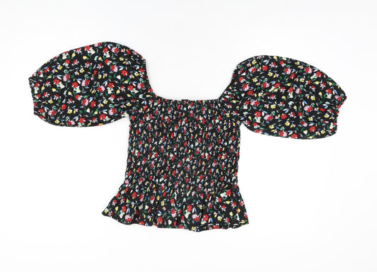 Wednesday's Girl Womens Black Floral Polyester Basic T-Shirt Size S Square Neck