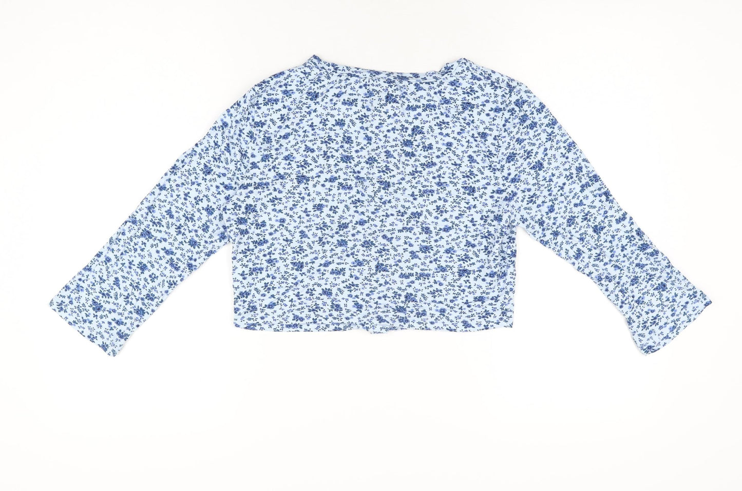 Missguided Womens Blue Floral Viscose Cropped Button-Up Size 12 Round Neck