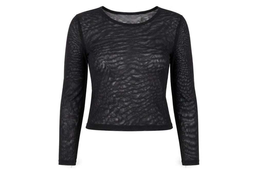 Front view of ASOS women’s black polyester cropped t-shirt, size UK 8, round neck - sheer