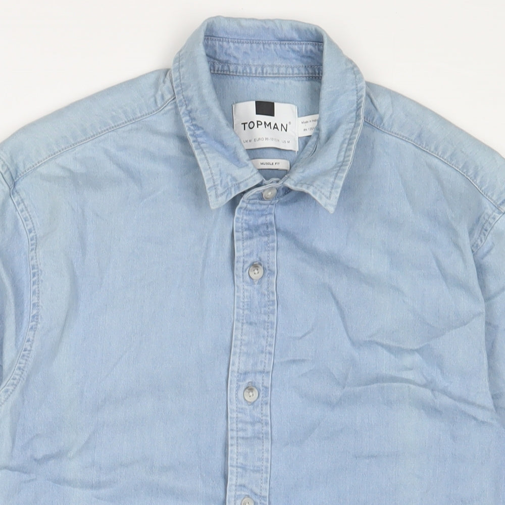 Topman Mens Blue Cotton Button-Up Size M Collared Button
