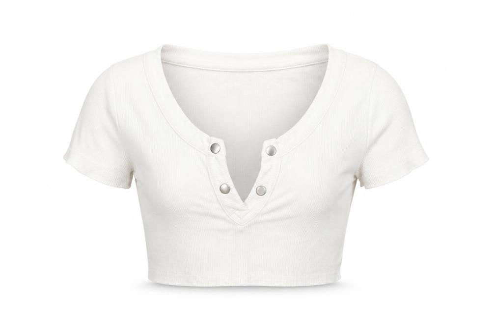 PRETTYLITTLETHING Womens White Cotton Cropped T-Shirt Size 4 V-Neck - Snap Detail Ribbed