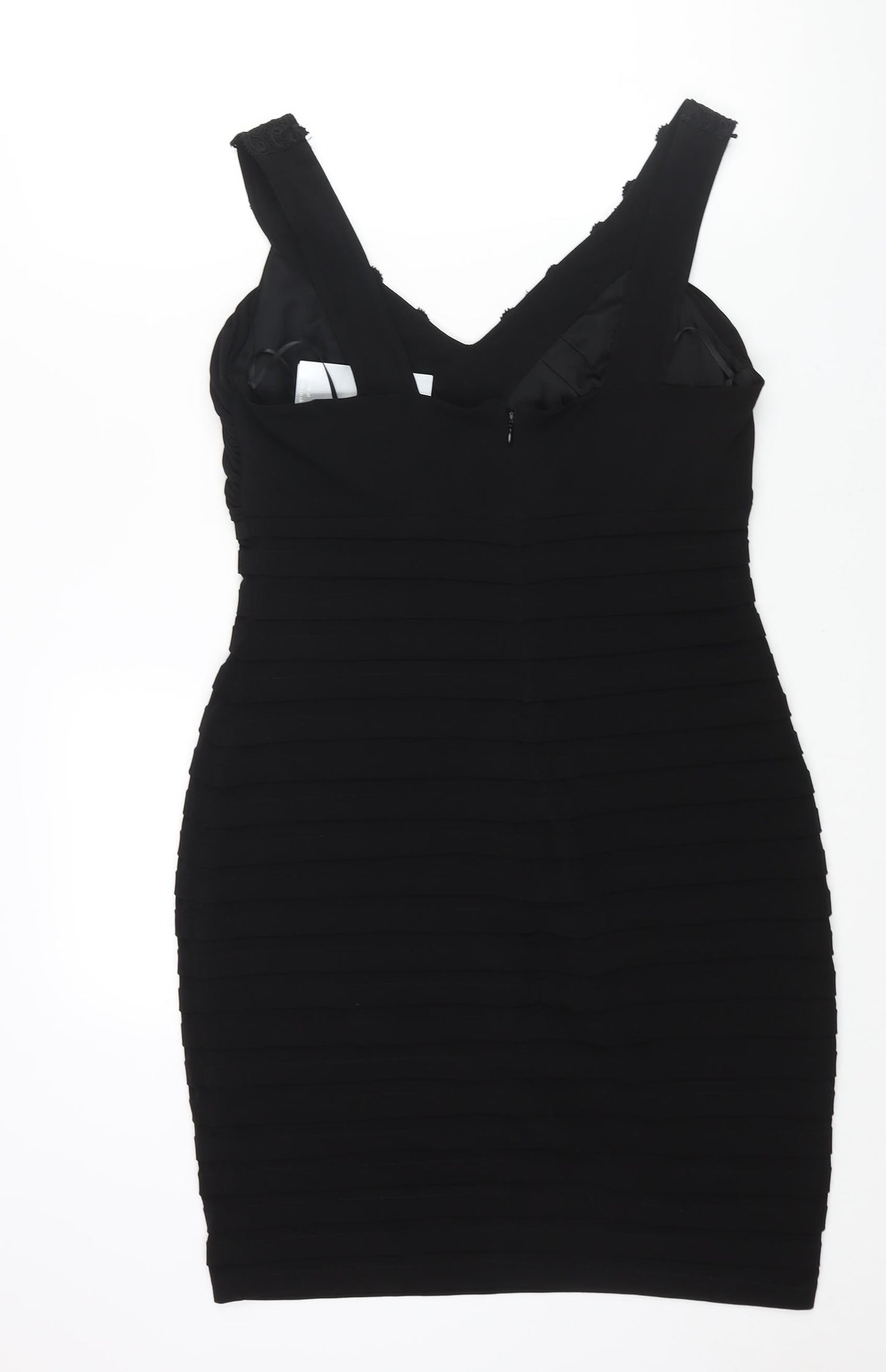 Wallis Womens Black Polyester Bodycon Size 14 V-Neck Zip - Pleated Lace Sequin Detail