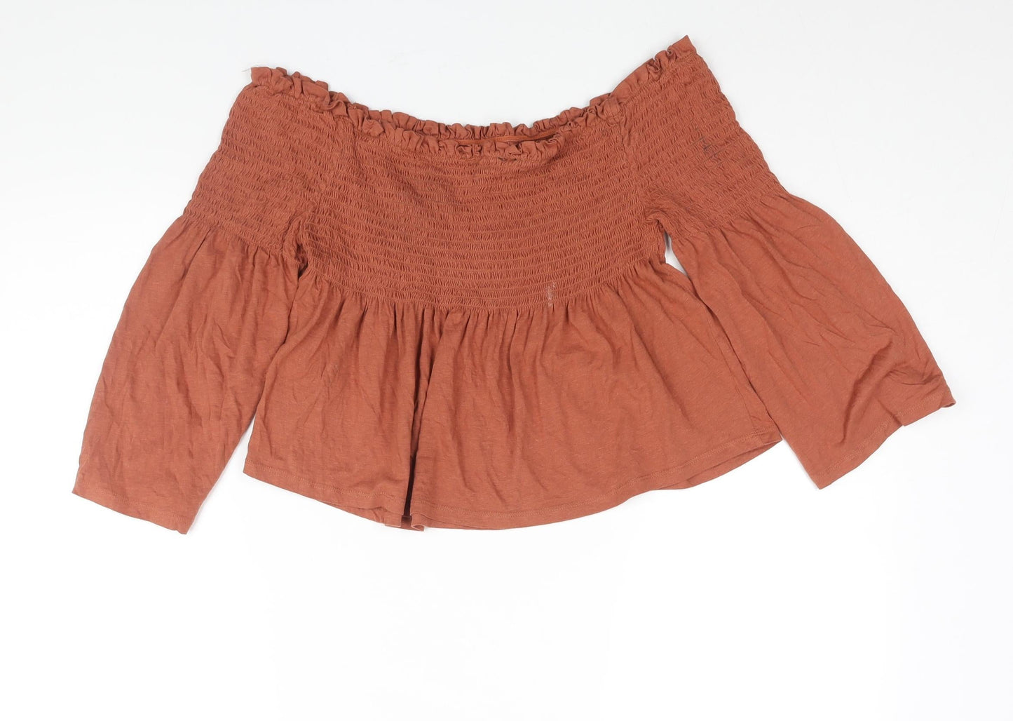 New Look Womens Brown Cotton Cropped Blouse Size 12 Off the Shoulder - Rouched