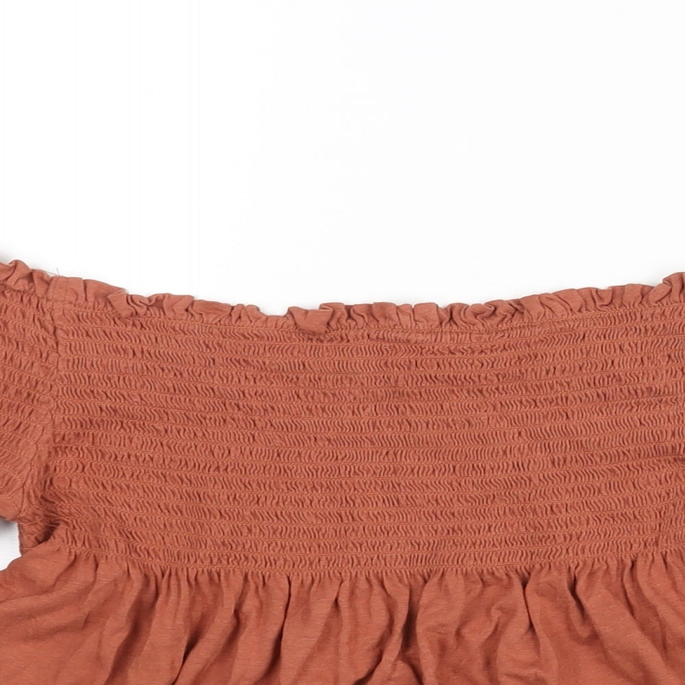 New Look Womens Brown Cotton Cropped Blouse Size 12 Off the Shoulder - Rouched
