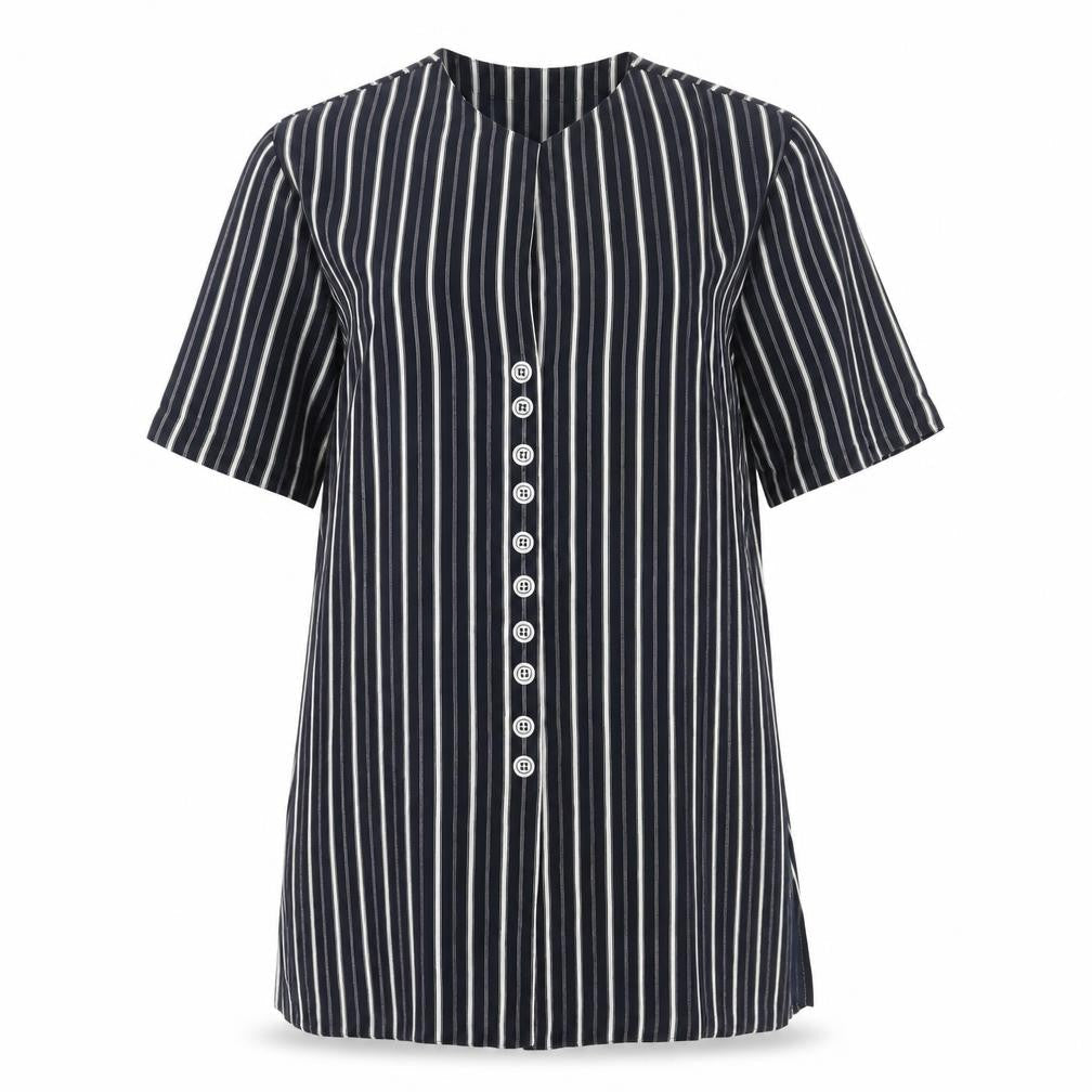 Eugen Klein Womens Blue Striped Polyester Tunic Blouse Size 10 Round Neck - Shoulder Pads Side Slits
