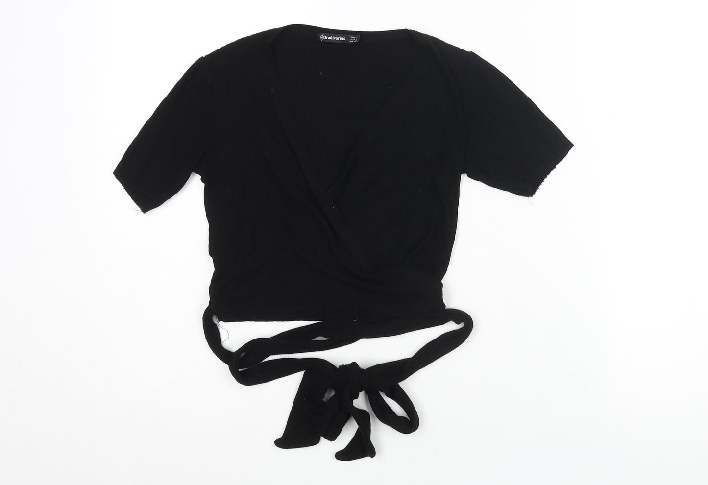 Stradivarius Womens Black Polyester Wrap T-Shirt Size S V-Neck - Ribbed