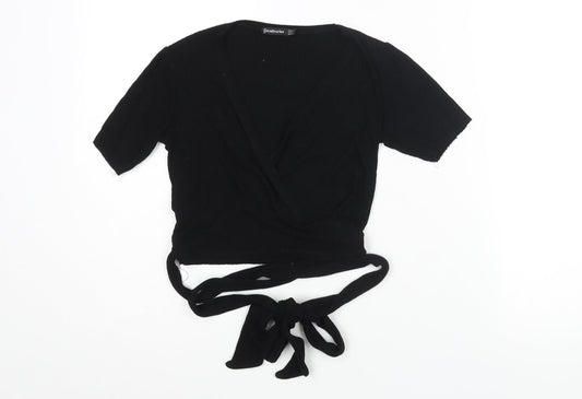 Stradivarius Womens Black Polyester Wrap T-Shirt Size S V-Neck - Ribbed