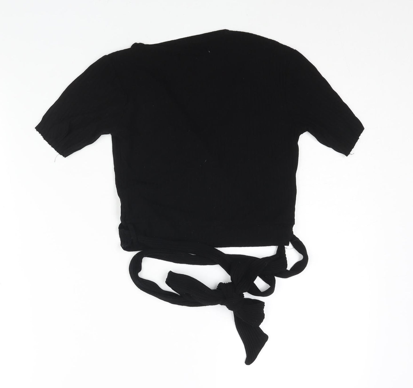 Stradivarius Womens Black Polyester Wrap T-Shirt Size S V-Neck - Ribbed