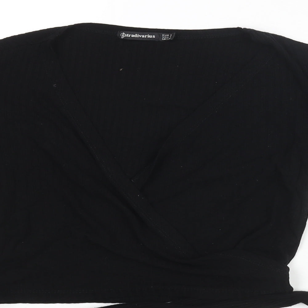 Stradivarius Womens Black Polyester Wrap T-Shirt Size S V-Neck - Ribbed