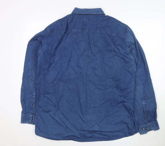Blue Harbour Mens Blue Cotton Button-Up Size L Collared Button