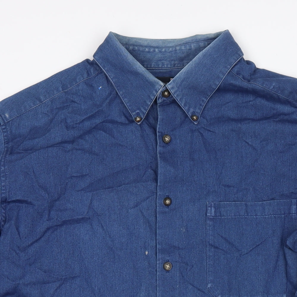 Blue Harbour Mens Blue Cotton Button-Up Size L Collared Button