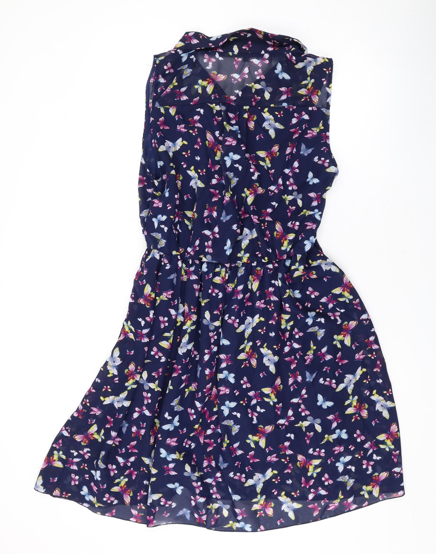 Lili Womens Blue Geometric Polyester A-Line Size 14 V-Neck Button