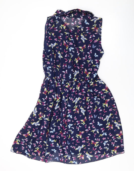 Lili Womens Blue Geometric Polyester A-Line Size 14 V-Neck Button