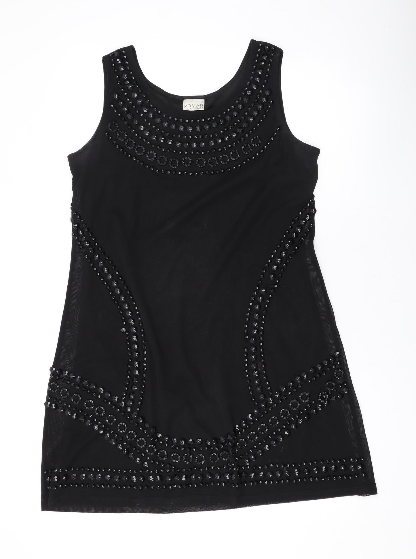 Roman Womens Black Geometric Polyester Tank Dress Size 14 Scoop Neck Pullover