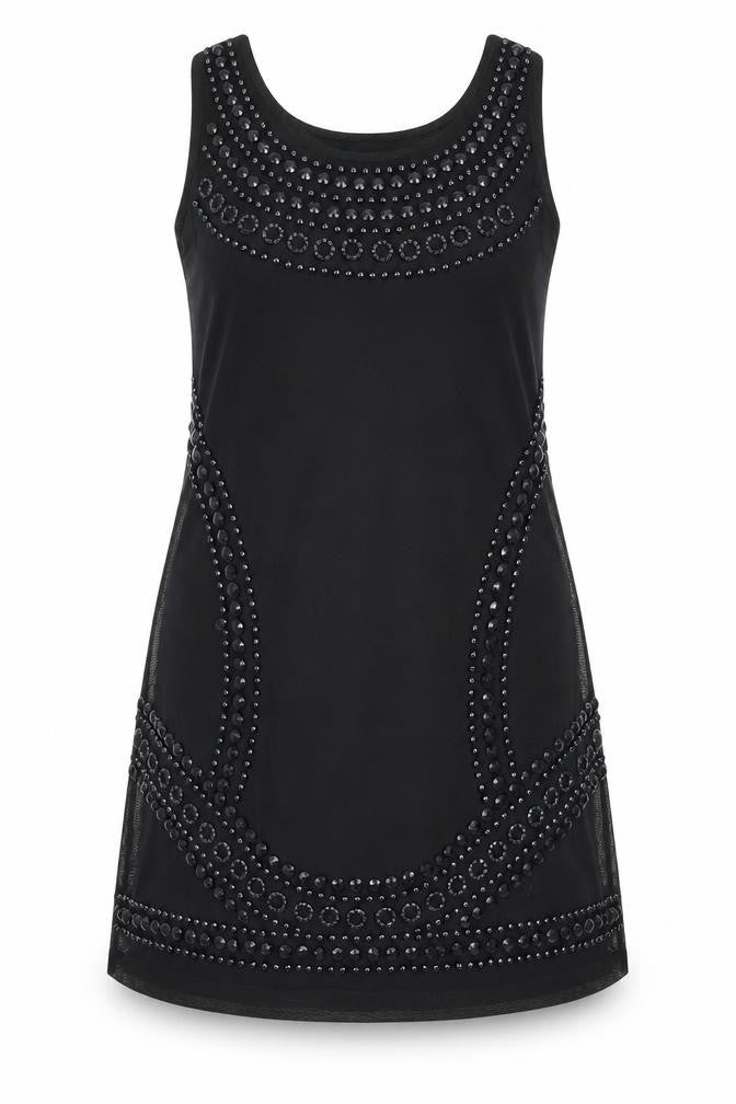 Front view of Roman women’s black geometric polyester tank dress, size UK 14, scoop neck pullover