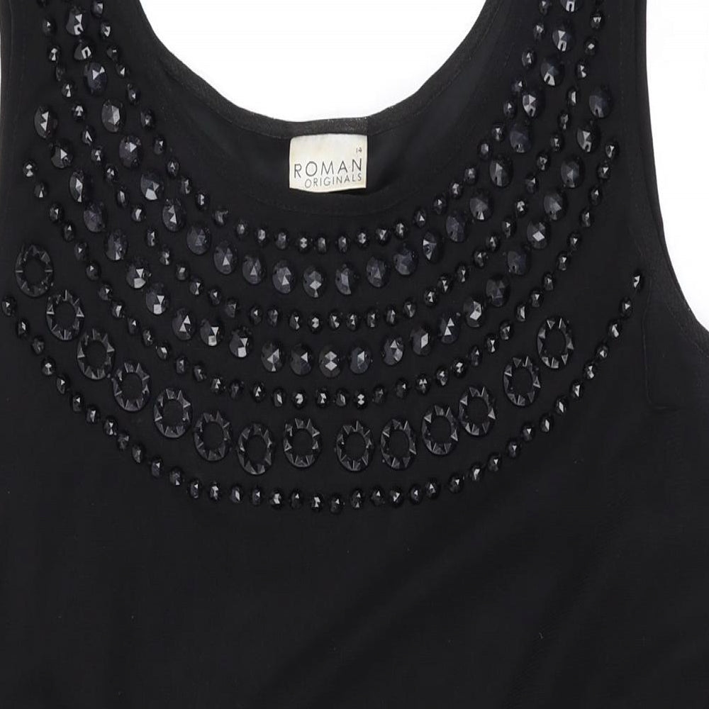 Roman Womens Black Geometric Polyester Tank Dress Size 14 Scoop Neck Pullover