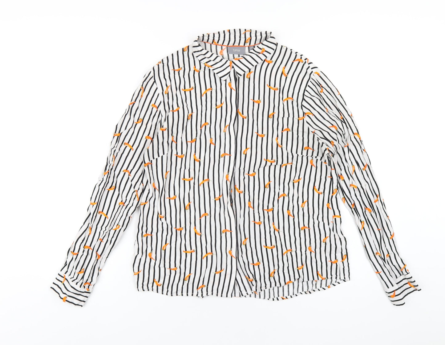 b.young Womens White Striped Viscose Basic Button-Up Size 10 Collared