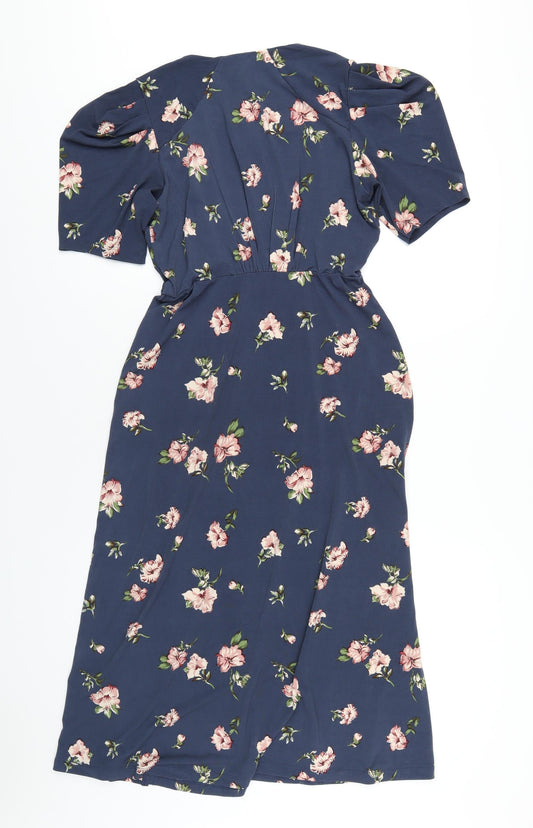 Osis Womens Blue Floral Polyester A-Line Size M V-Neck Pullover