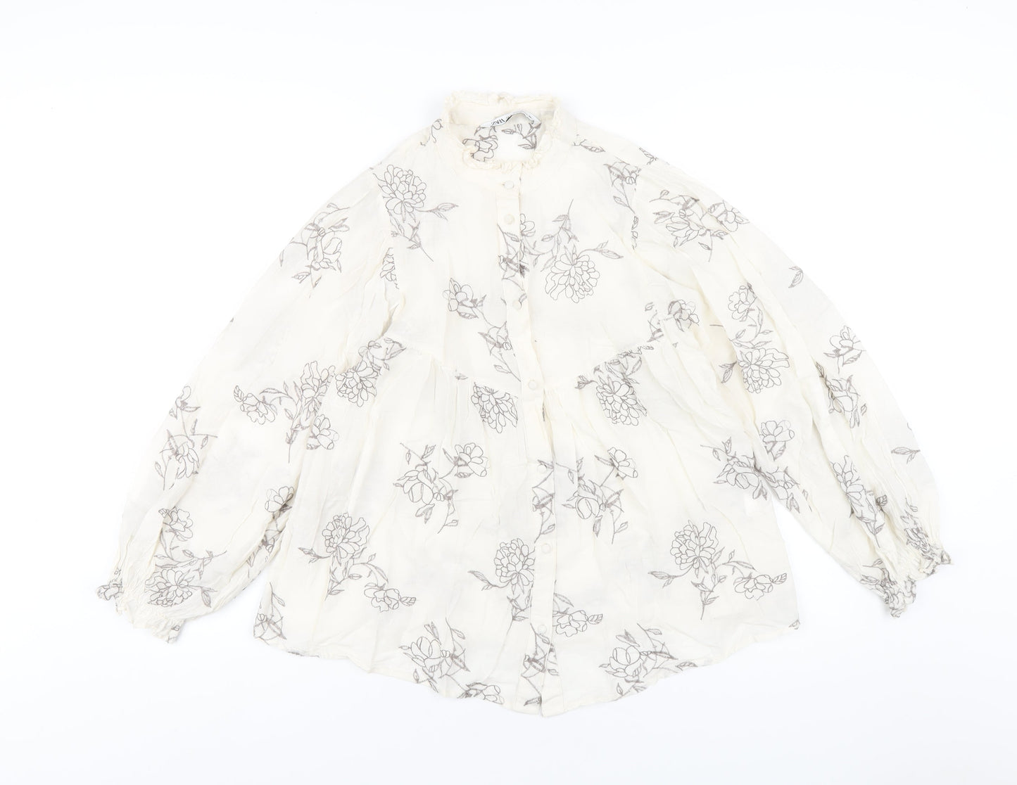 Zara Womens Ivory Floral Cotton Basic Button-Up Size XS Round Neck