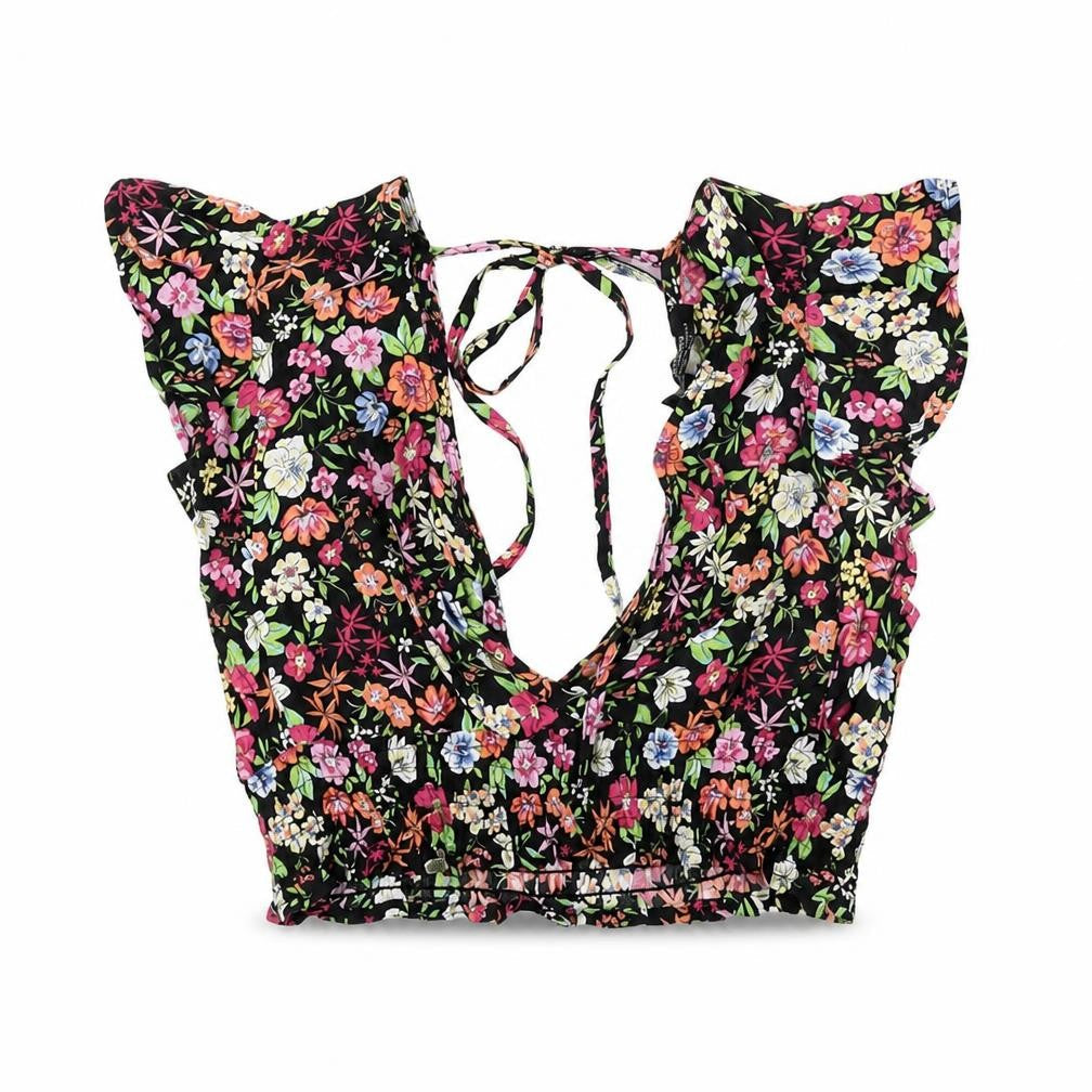 Bershka Womens Black Floral Viscose Cropped T-Shirt Size XS V-Neck