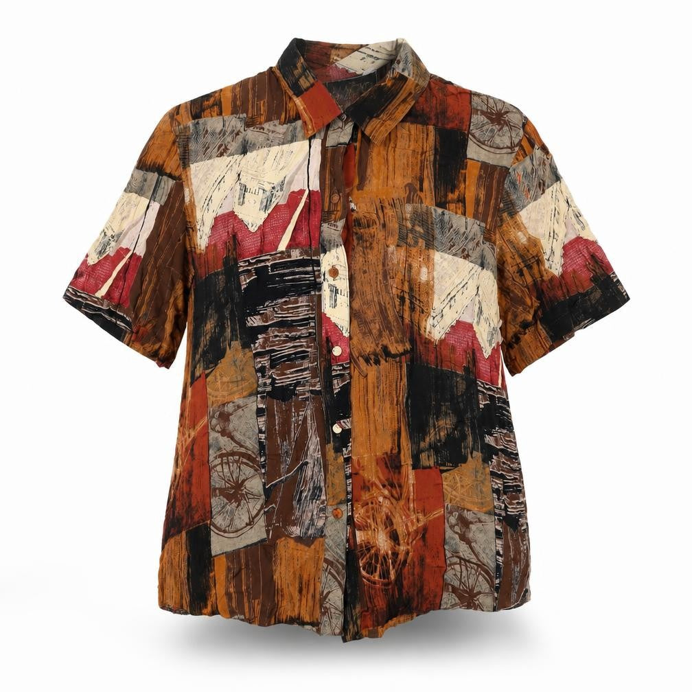 The Magic Collection Womens Brown Geometric Polyester Basic Button-Up Size 12 Collared