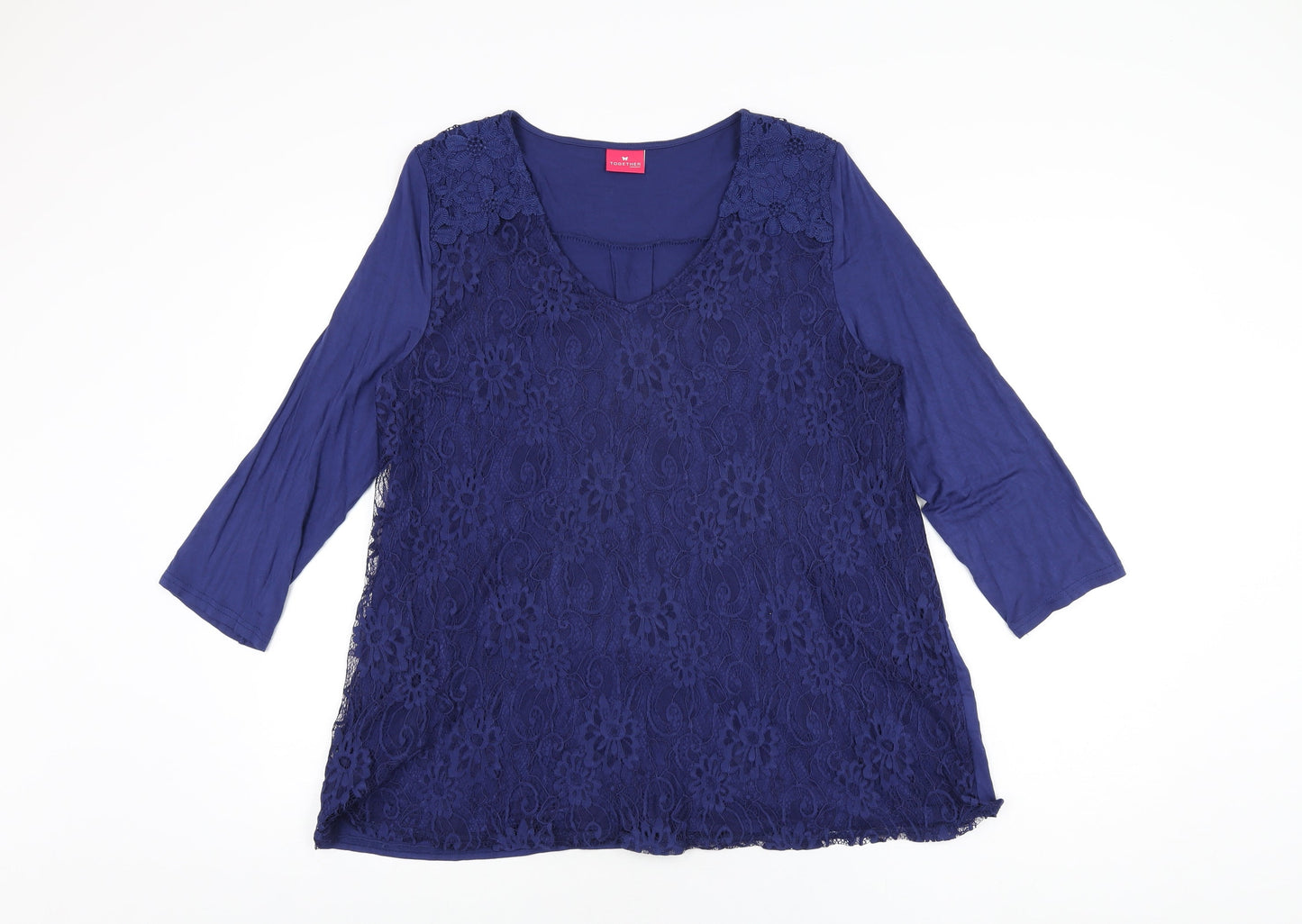 Together Womens Blue Polyamide Basic T-Shirt Size L V-Neck