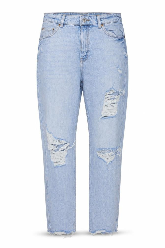 Front view of Denim & Co. women’s blue cotton mom jeans, size UK 10, 29-inch leg regular button