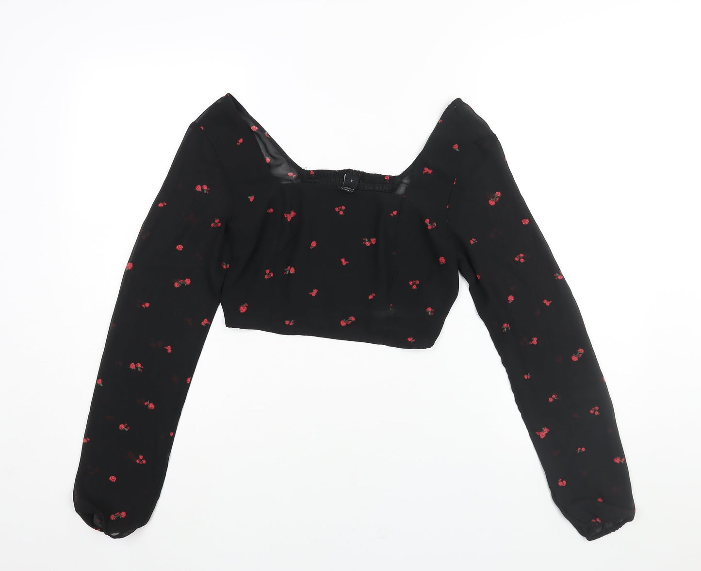 FACTORIE Womens Black Floral Polyester Cropped Blouse Size 8 Square Neck