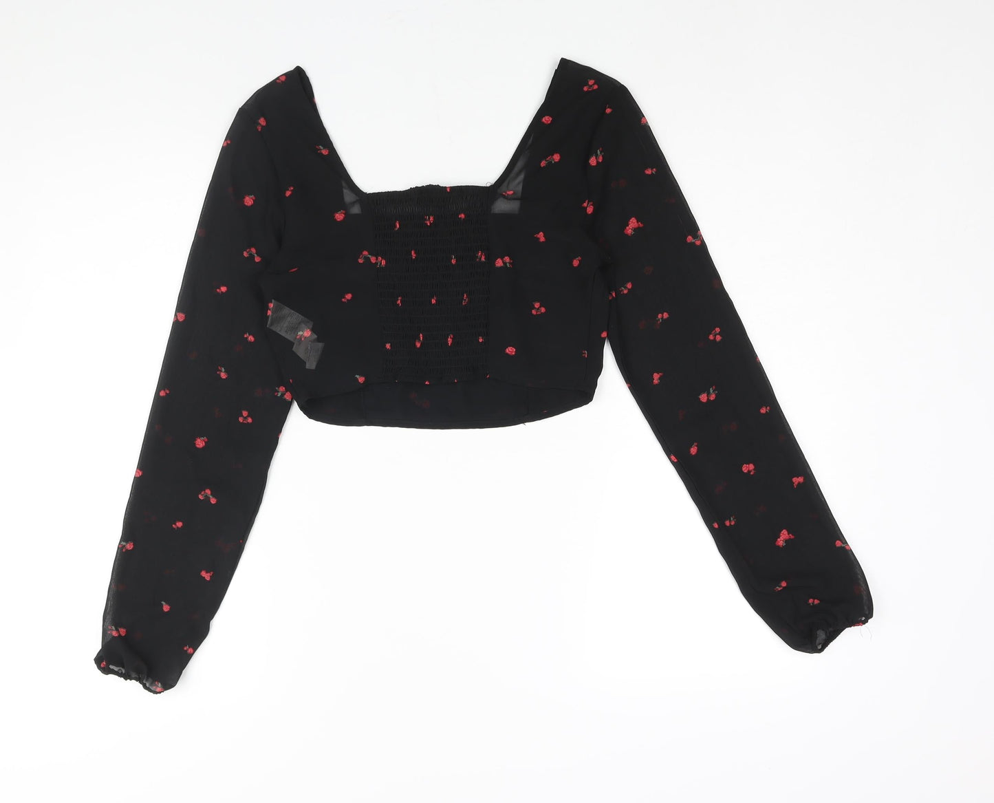 FACTORIE Womens Black Floral Polyester Cropped Blouse Size 8 Square Neck