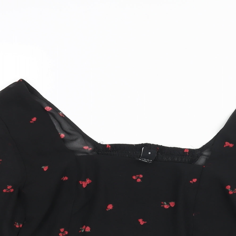 FACTORIE Womens Black Floral Polyester Cropped Blouse Size 8 Square Neck