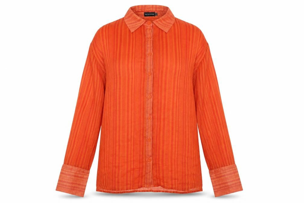 PRETTYLITTLETHING Womens Orange Striped Polyester Basic Button-Up Size 6 Collared - Semi Sheer Oversized
