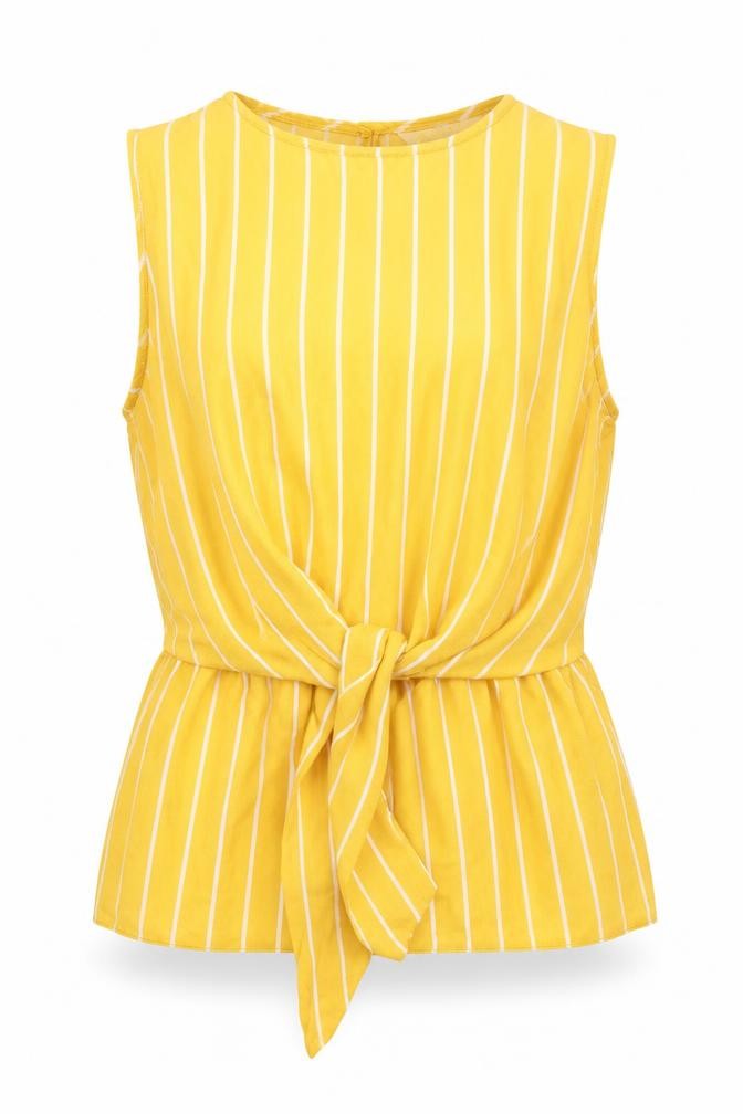Front view of Miss Selfridge women’s yellow striped polyester camisole blouse, size UK 8, round neck - peplum tie detail
