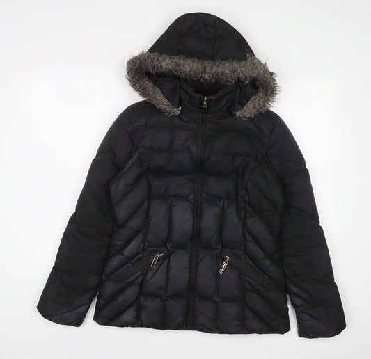 Marks and Spencer Womens Black Striped Parka Coat Size S Zip - Zip Pockets