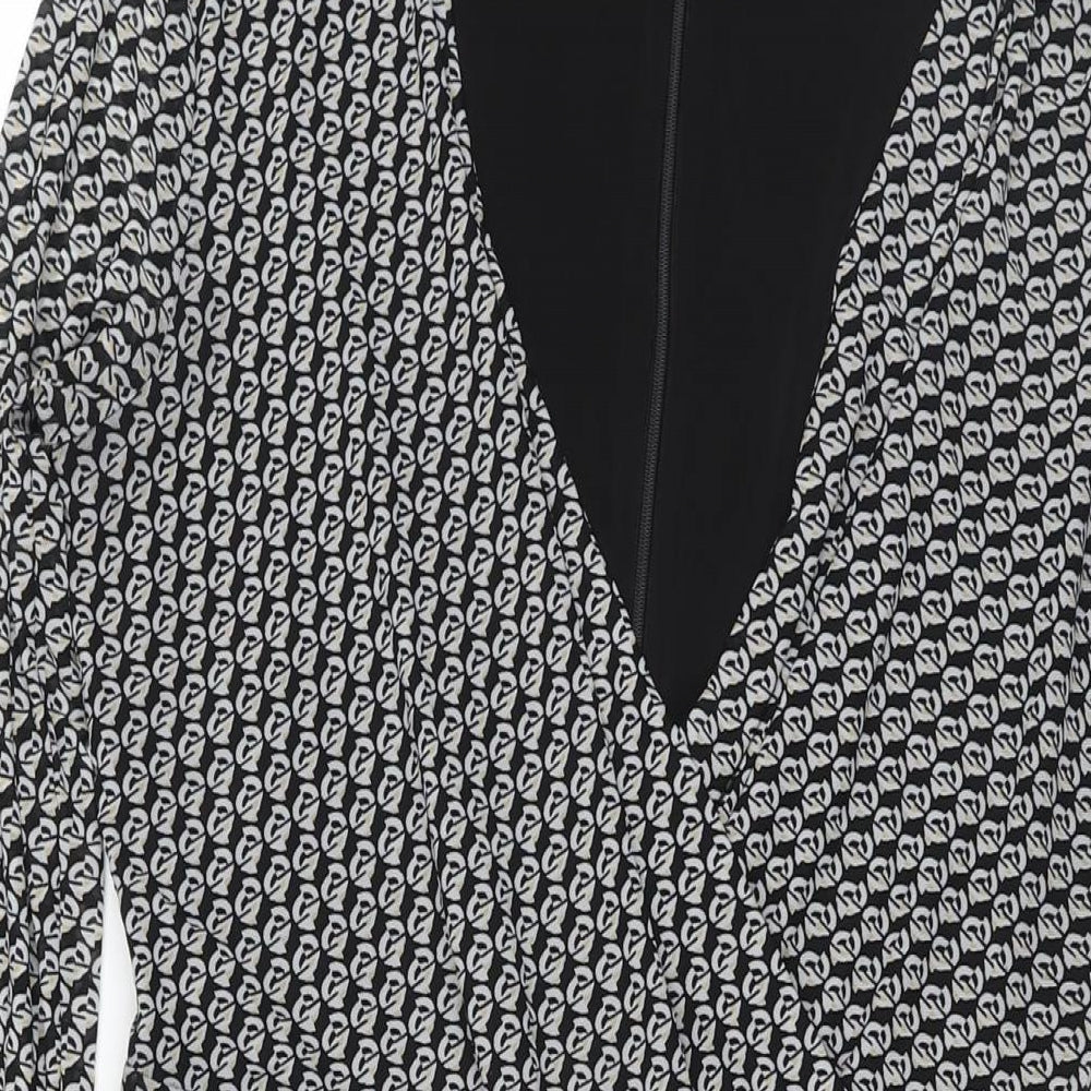 Esprit Womens Black Geometric Polyester Fit & Flare Size M V-Neck Zip