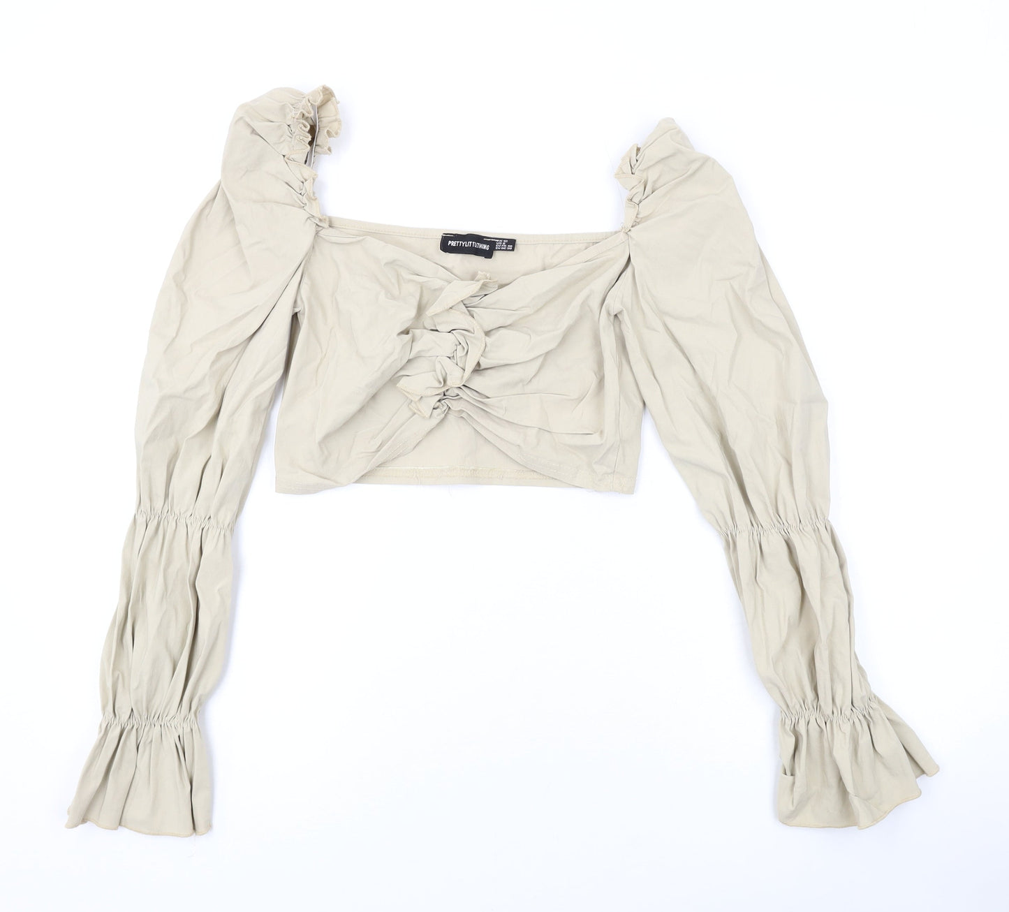 PRETTYLITTLETHING Womens Beige Polyester Cropped Blouse Size 12 V-Neck