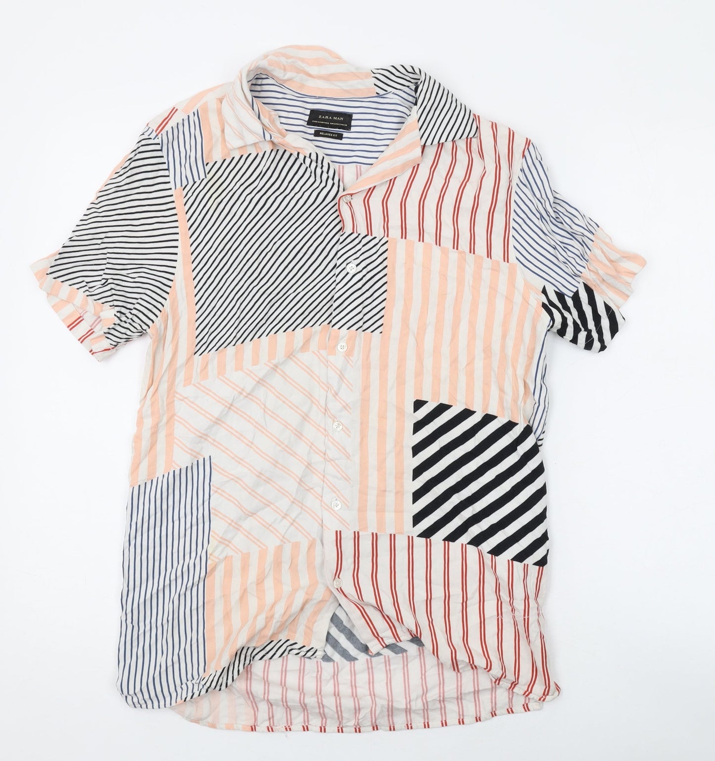 Zara Mens Multicoloured Striped Cotton Button-Up Size S Collared Button
