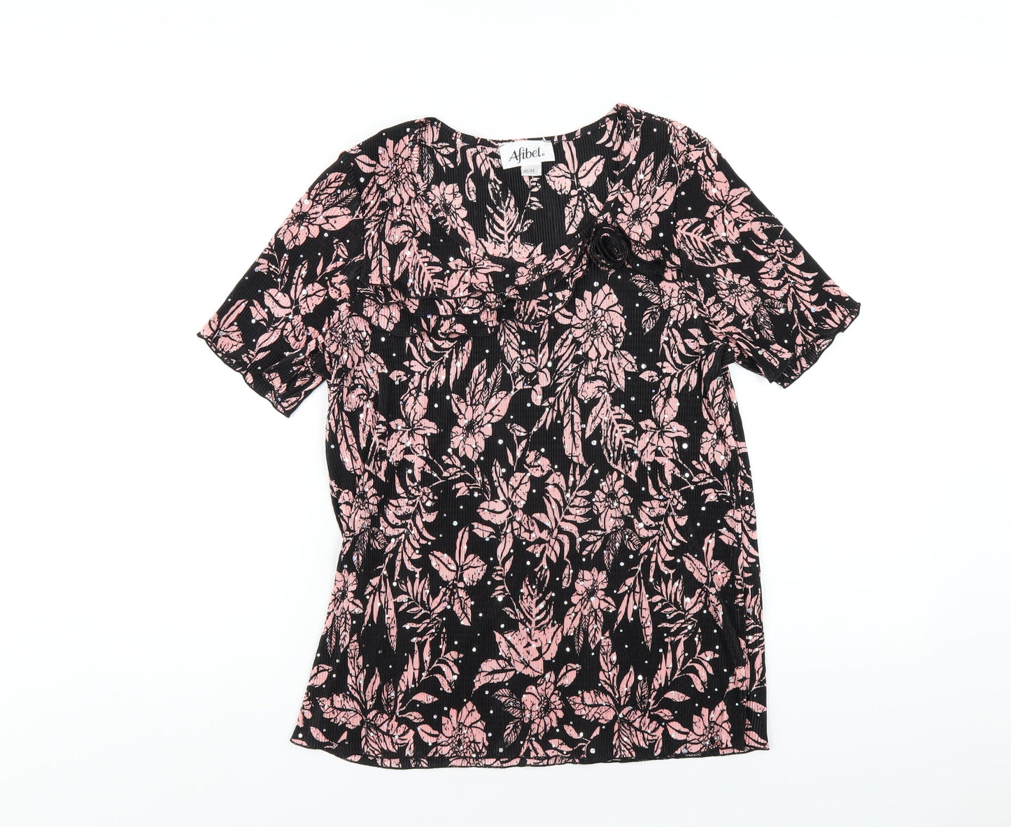 Afibel Womens Black Floral Polyester Basic T-Shirt Size 14 Round Neck