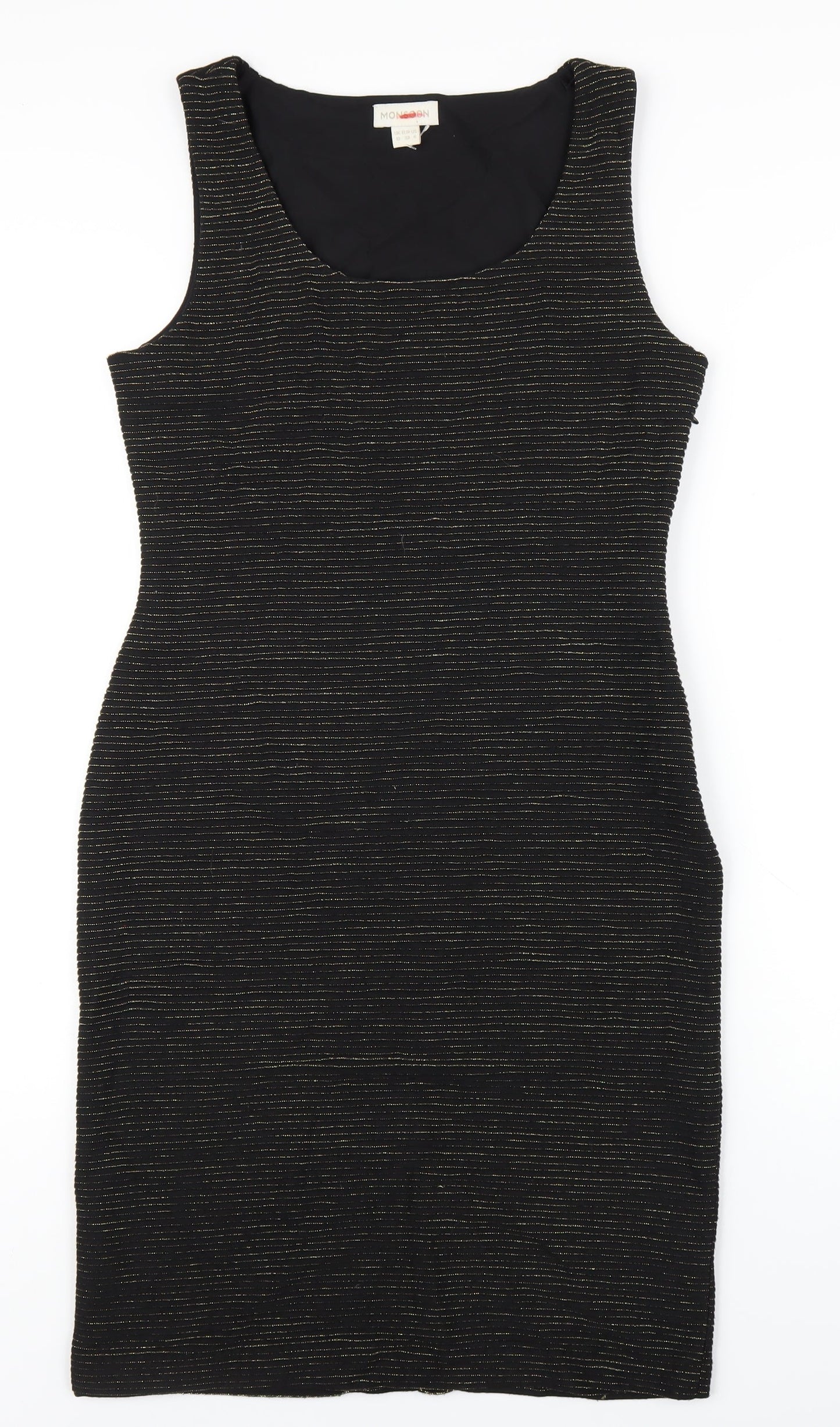 Monsoon Womens Black Striped Polyester Bodycon Size 10 Scoop Neck Zip