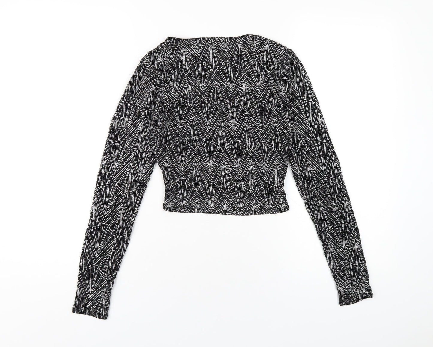 H&M Womens Black Geometric Polyamide Cropped T-Shirt Size S V-Neck