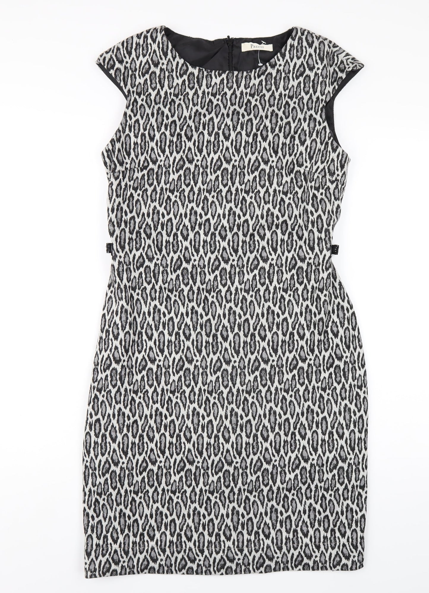 Precis Womens Grey Animal Print Polyester Pencil Dress Size 12 Round Neck Zip