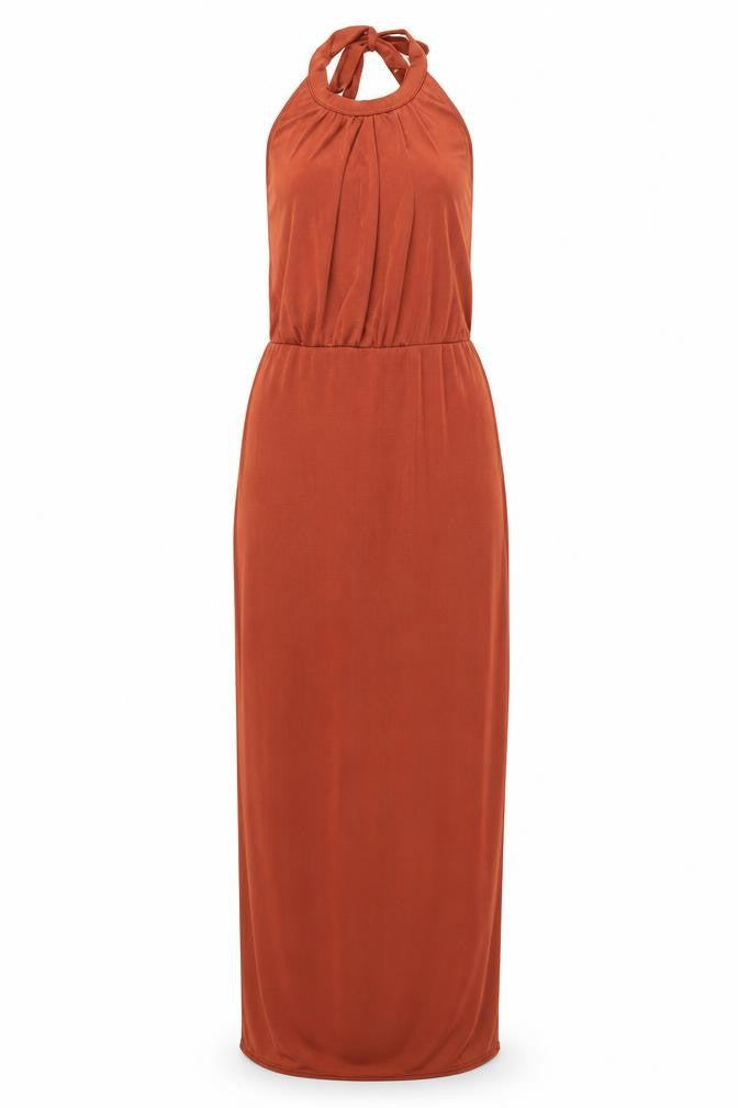 Front view of I SAW IT FIRST women’s orange polyester maxi, size UK 8, round neck pullover